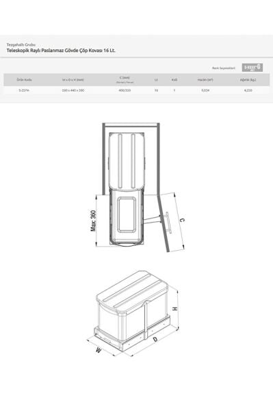 S-2574-g Teleskopik Raylı Paslanmaz Gövde Çöp Kovası 16 Lt