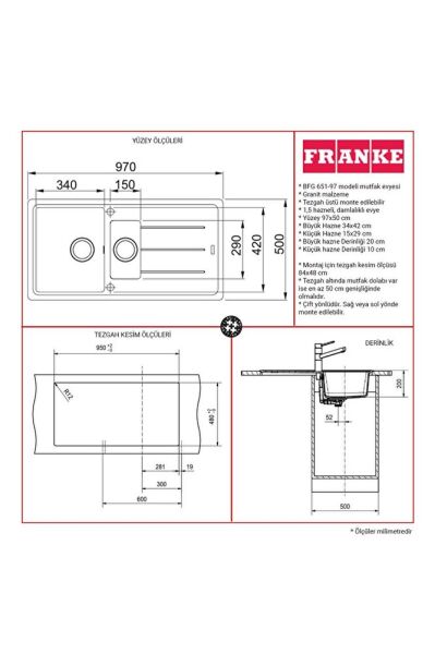 Basis Granit BFG 651 Evye, Nero, 1,5 Hazneli, 97x50 cm