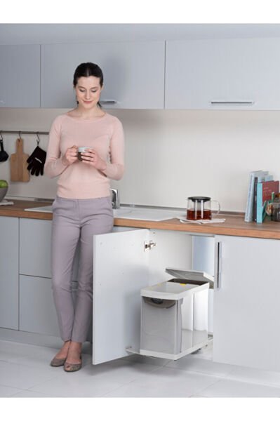 Raylı Paslanmaz Açık Gri Çöp Kutusu 16+1 Lt