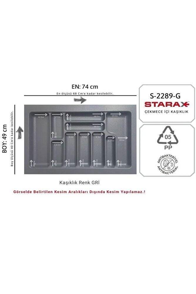 S-2289-GP ÇEKMECE İÇİ ANTİBAKTERİYEL KAŞIKLIK 80LİK MODÜL GRİ EN:74-68 D:49-41CM ARASI KESİLİR