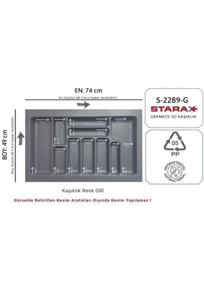 S-2289-GP ÇEKMECE İÇİ ANTİBAKTERİYEL KAŞIKLIK 80LİK MODÜL GRİ EN:74-68 D:49-41CM ARASI KESİLİR