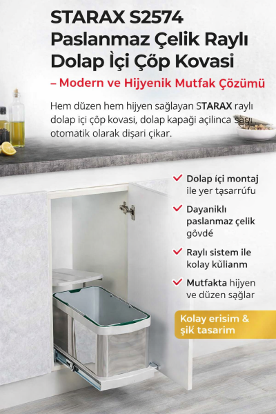 STARAX S2574 Raylı Dolap İçi Çöp Kovası Paslanmaz Çelik mutfak dolap içi çöp kovası