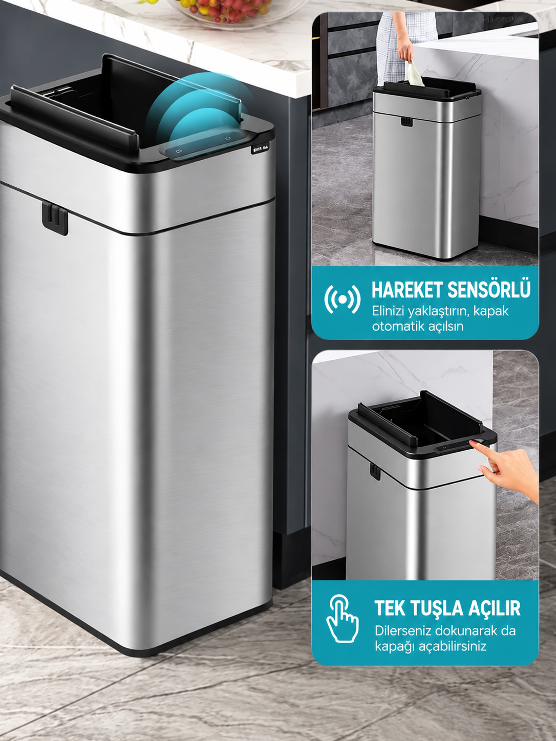 40 Litre Akıllı Sensörlü Çöp Kovası Otomatik Çift Yana Açılır Kapaklı 430 Paslanmaz Çelik Gümüş