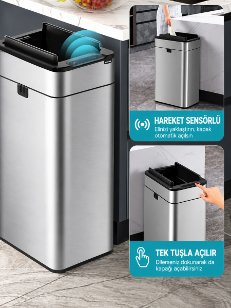 40 Litre Akıllı Sensörlü Çöp Kovası Otomatik Çift Yana Açılır Kapaklı 430 Paslanmaz Çelik Gümüş