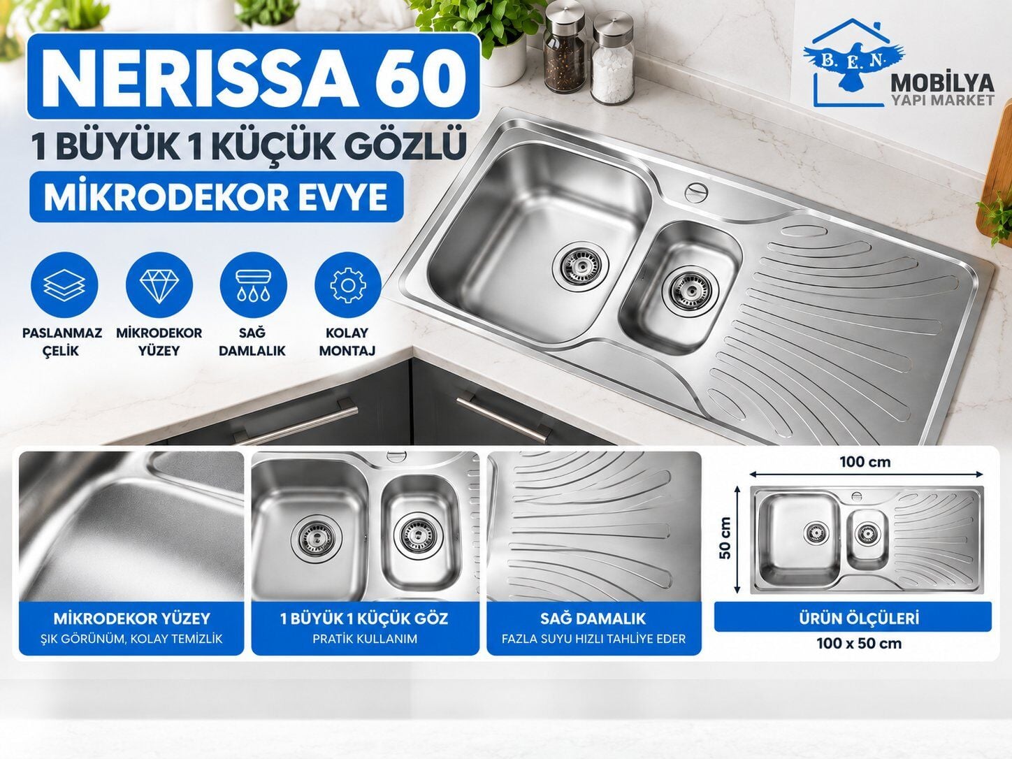 Nerissa 60 Paslanmaz Çelik Mikrodekor Evye – 1,5 Gözlü Sağ Damlalıklı Mutfak Lavabosu