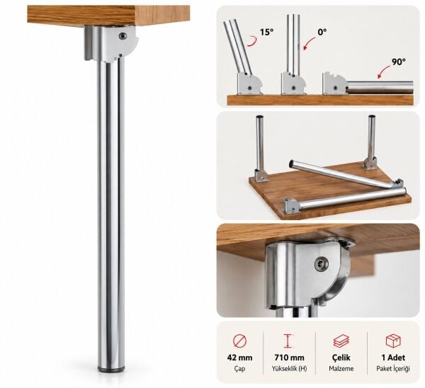 Katlanır Masa Ayağı Krom 71 cm Çap 42 mm Çelik Metal Mobilya Ayağı (1 Adet)