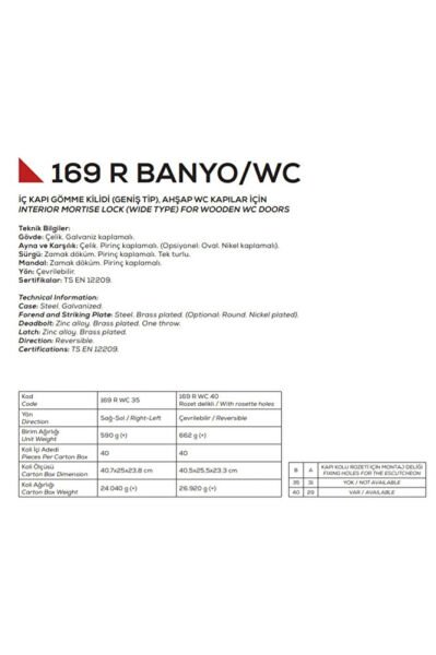 Nikel (KARE) Kapı Kilidi 23mm Wc / 169-rwc / 40mm