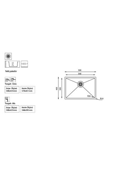 ME 550 588x435mm İNOX PASLANMAZ ÇELİK MUTFAK EVYESİ