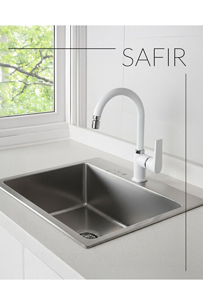 Safir White Serisi Kuğu Eviye Bataryası Seramik Kaplama Mutfak Bataryası Beyaz Evye Bataryası